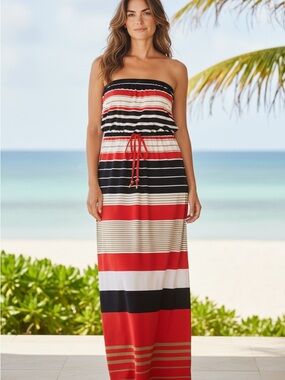 Cache Strapless Maxi Dress in Red, Black, White and Cream Stripes
